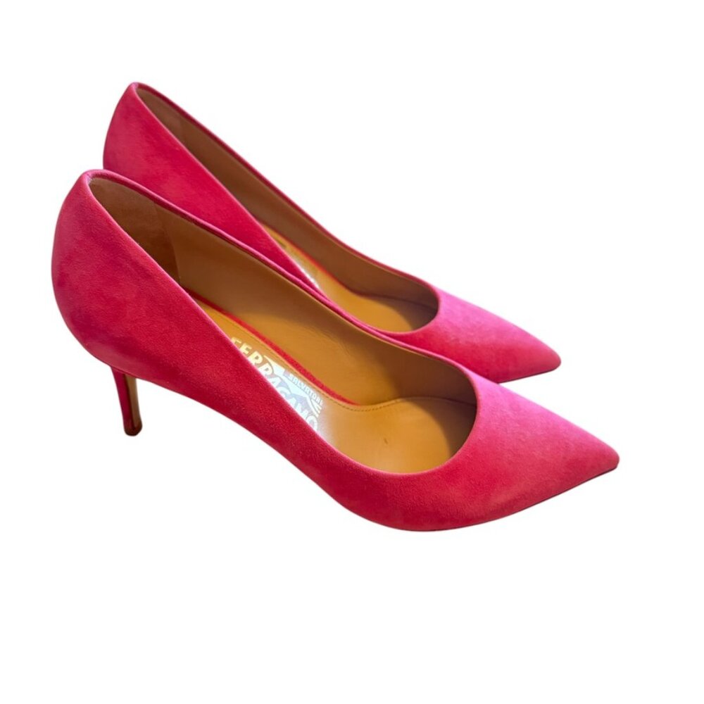 Salvatore Ferragamo Hot Pink 🔥 Suede Pumps Size 7.5 Kitten Heel Pointy toe - Picture 13 of 16